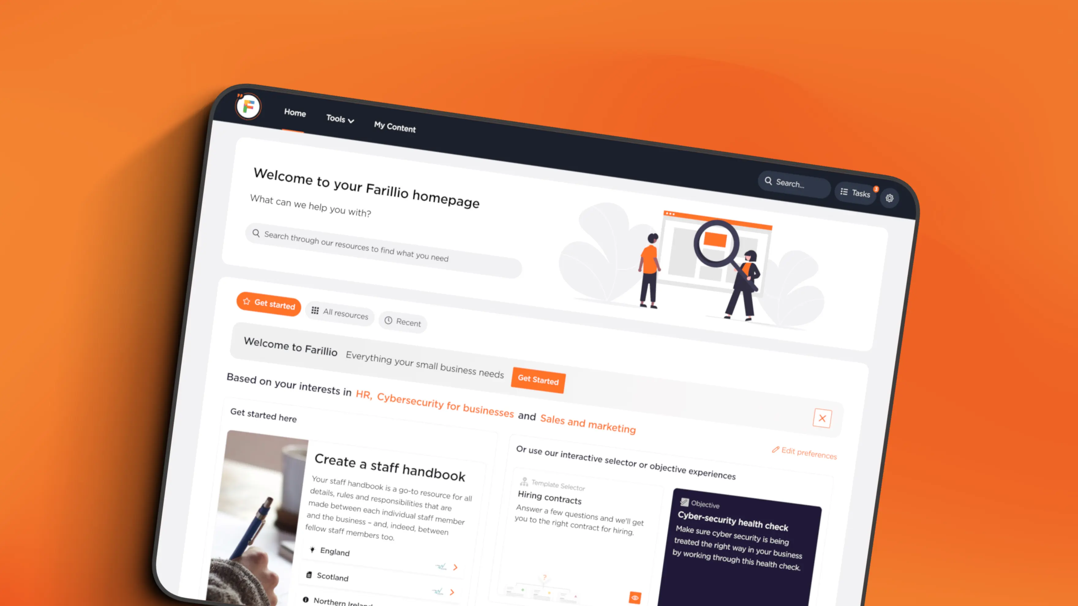 The homepage of a legaltech product called Farillio, in a stylised tablet frame.