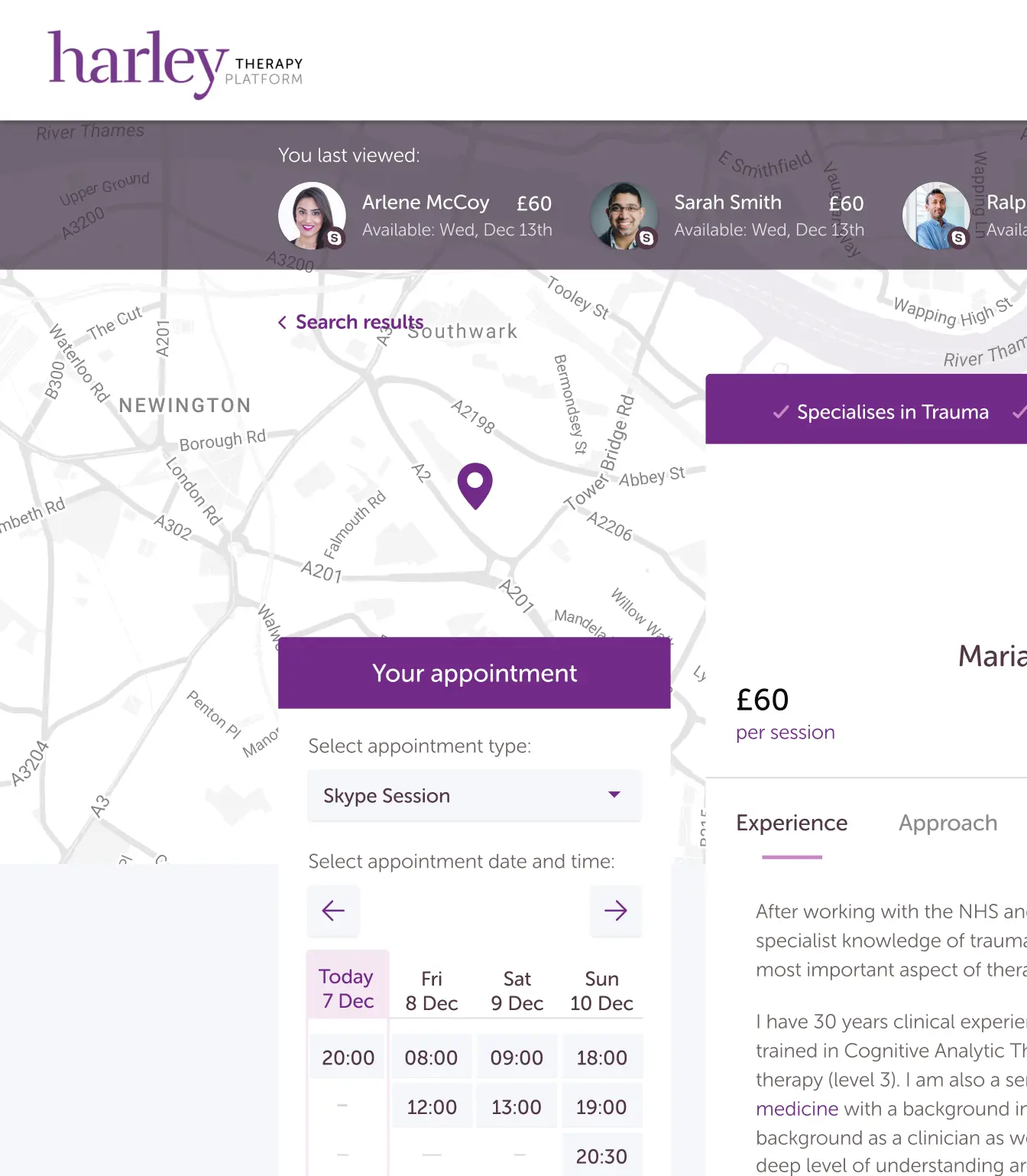 Appointment booking page from Harley Therapy